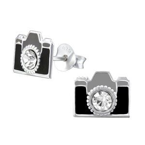 Sterling Silver Black Enamel Camera Stud Earrings